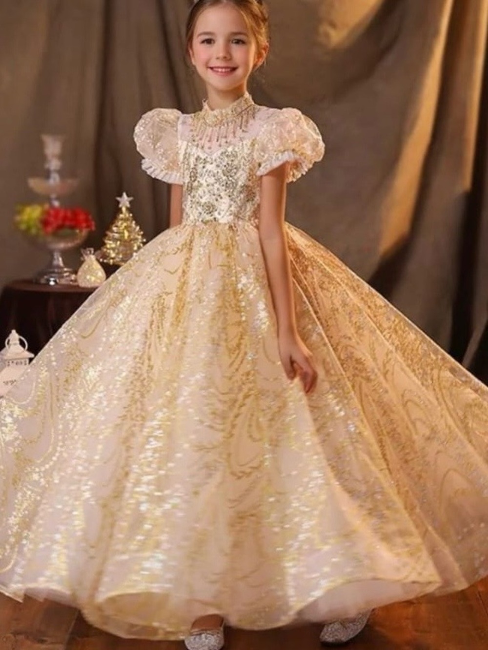 Girls' Gold Embellished Princess Ball Gown Dress